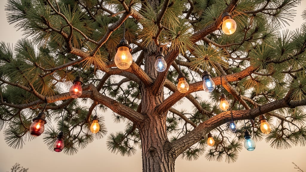 Rustic Pine Tree With Lantern Lights