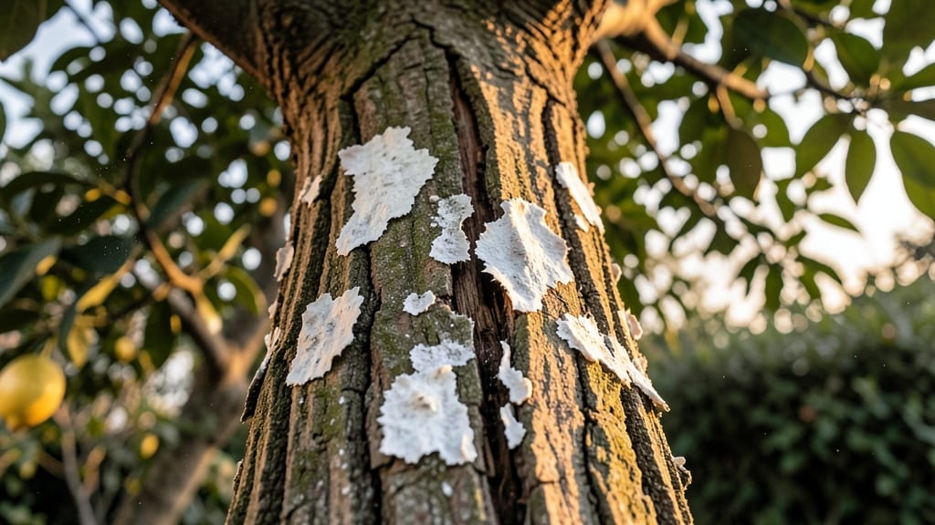 White Fungal Spots on Lemon Tree Trunk
