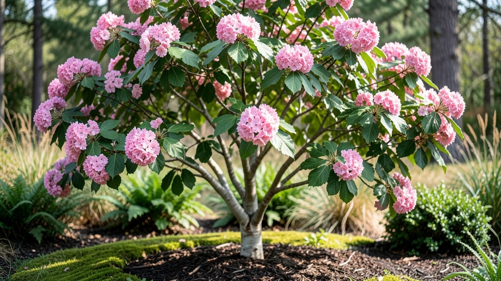 Tree with Pink Flower Clusters: Sculpt Graceful Canopy in 4 Simple Cuts