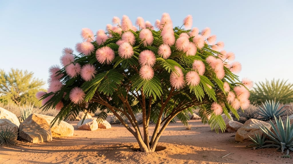 Pink Fairy Duster Shrub With Fluffy Seed Clusters