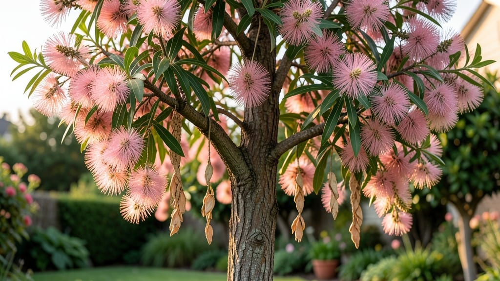 Pink Bottlebrush Tree With Fluffy Seed Clusters
